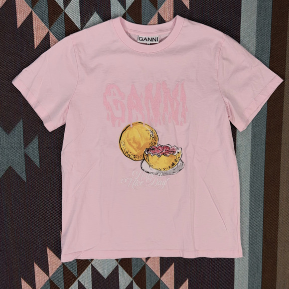 GANNI Grapefruit Graphic Tee sz XS 100% Organic Cotton Pink Logo Jersey T-Shirt - Picture 3 of 6